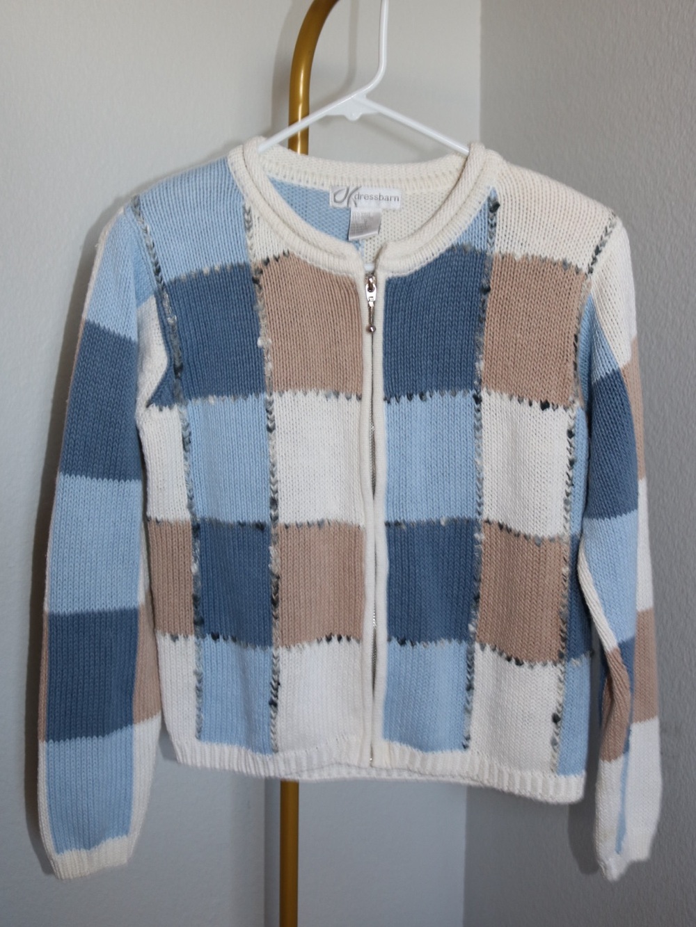 Dressbarn Blue, Cream & Tan Patchwork Zip Cardigan Cottagecore Gingham size S